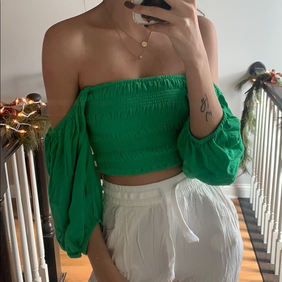 Forever 21 Tops - Forever 21 Emerald Green Boho Smocked Crop Blouse Top S